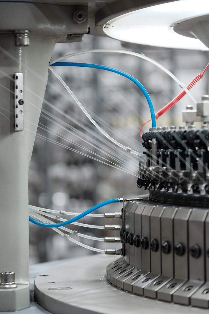 Close-up view of a modern industrial knitting machine with connecting wires and intricate mechanisms.